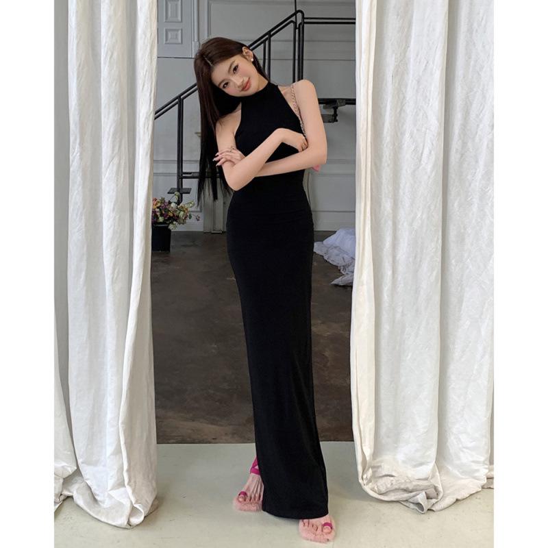 2026 Spring/Summer High-Neck Sleeveless Slim Fit Elegant Back Slit Maxi Dress for Women