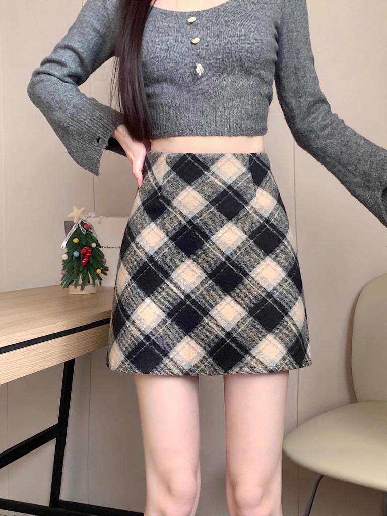 Women's High Waist Red Wool Plaid Skirt, 2025 A-line Slim Fit for Autumn/Winter