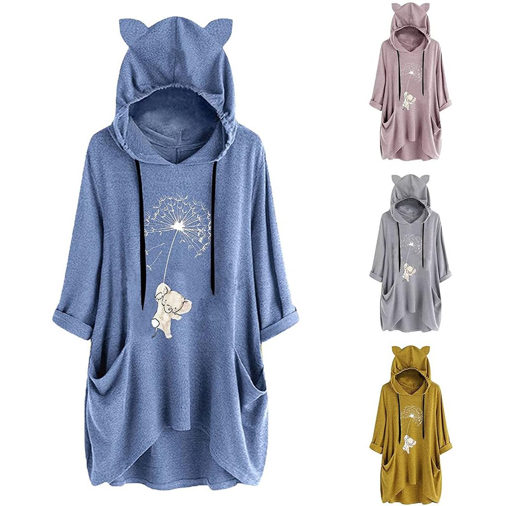 Women Casual Hooded Long Sleeves Elepha  Print Pocket Shirt Irregular Top Blouse