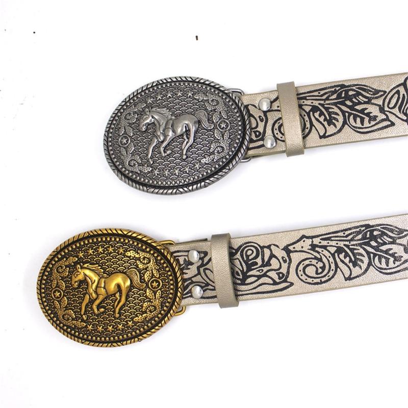 Floral Engraved PU Belt for Jeans Women Vintage Horse Pattern Buckle Waist Belt