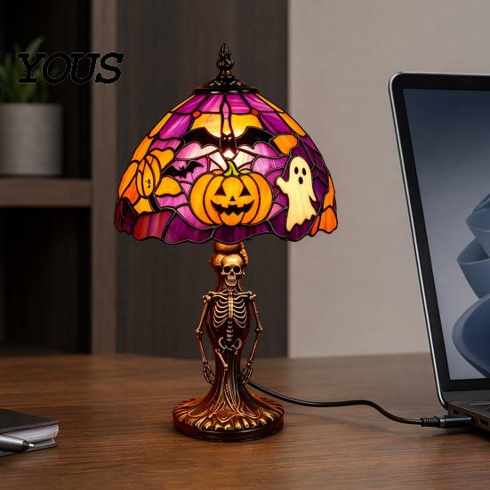 USB Powered Halloween Lamp Night Light, Stained Glass Lamp, Retro Gothic Glowing Low Energy with Warm Amber Purple, Tabletop Decor for