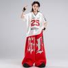 Kids Hip Hop Dance Outfit Set - White Short Sleeve Top Red Pants Boys Girls Stage Performance