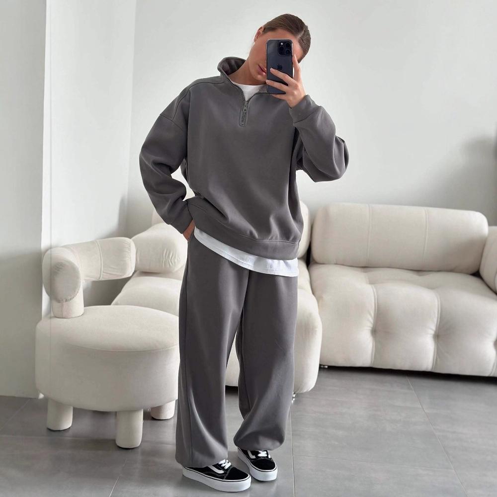 Pink Notch Collar Casual Sweatsuit Set with Loose Fit