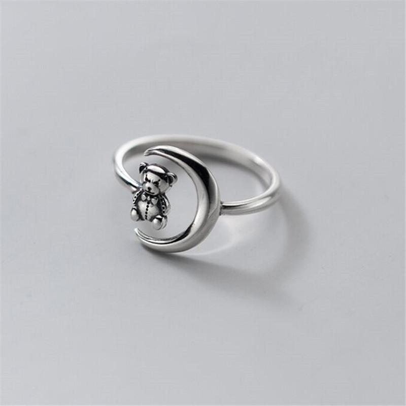 925 Sterling Silber Vintage Mond Bär Fingerring Partyschmuck für Frauen Mädchen Hochzeit Weihnachten Geburtstagsgeschenk