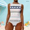 Women Plus Size High Round Neck Sleeveless Printed One Piece Swimsuit