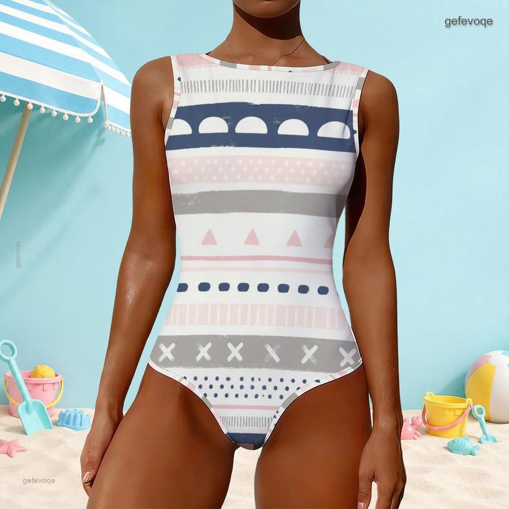 Women Plus Size High Round Neck Sleeveless Printed One Piece Swimsuit