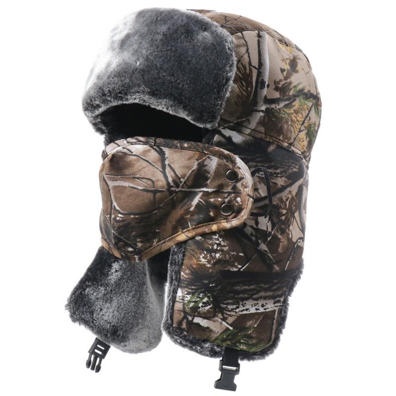 Winter Warm Fleece-lined Military Style Beanie Hat With Camo Leaf Print Soviet Emblem Men Women Outdoor Use