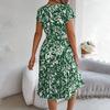 Women Floral Pleated High Waist A Line Long Dress Short Sleeve Spring Summer