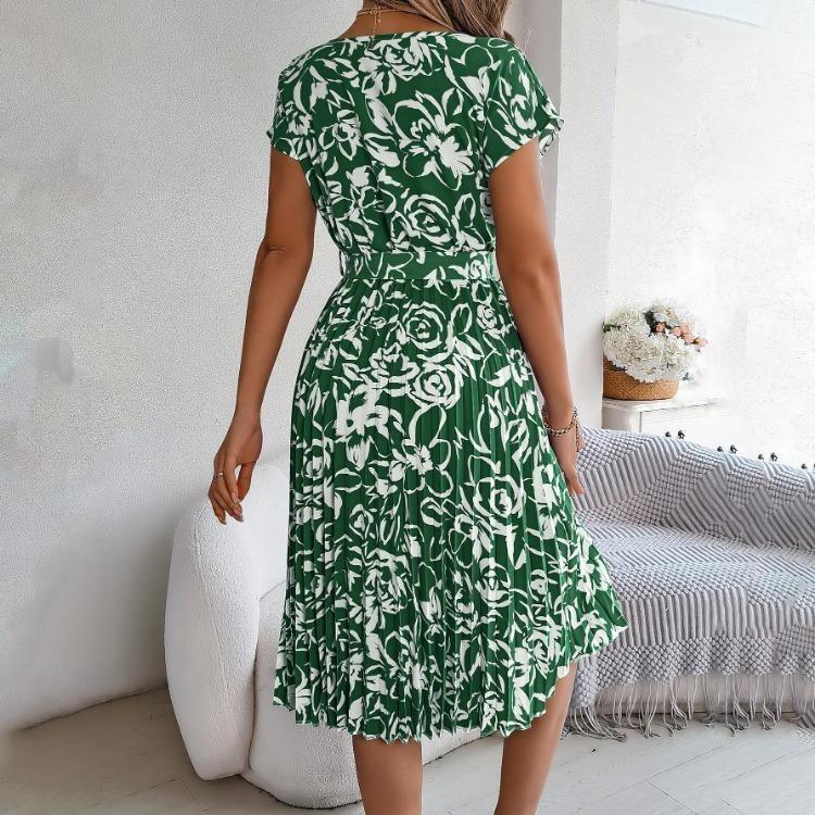 Women Floral Pleated High Waist A Line Long Dress Short Sleeve Spring Summer