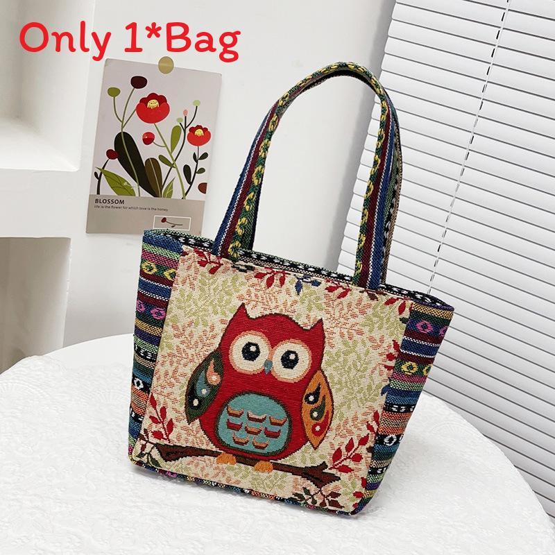 Cartoon Elephant Owl Canvas Handbag With Embroidery For Daily Casual Use