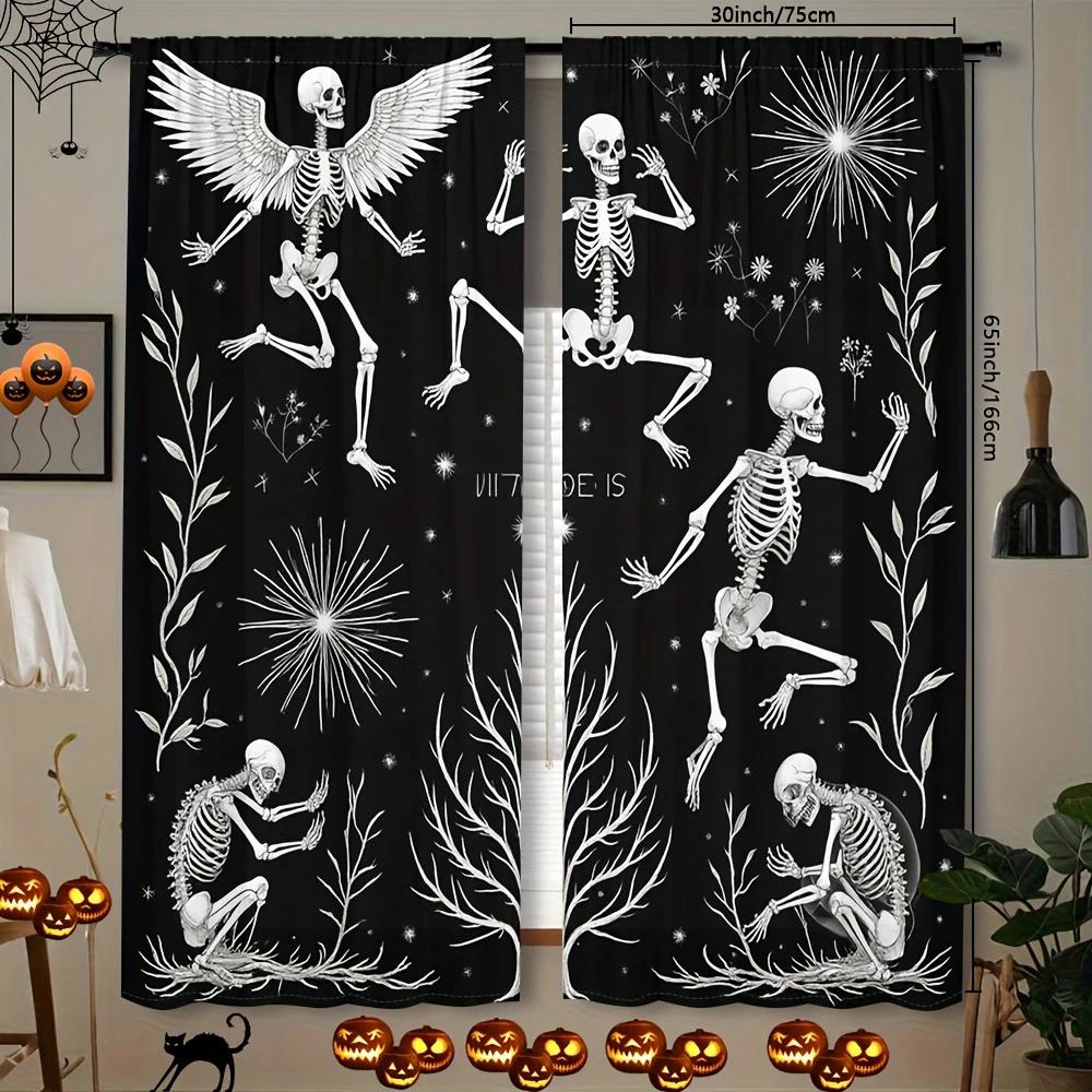 2pcs - Halloween Gothic style skull astronaut print curtains, pole bag home decoration, room decoration