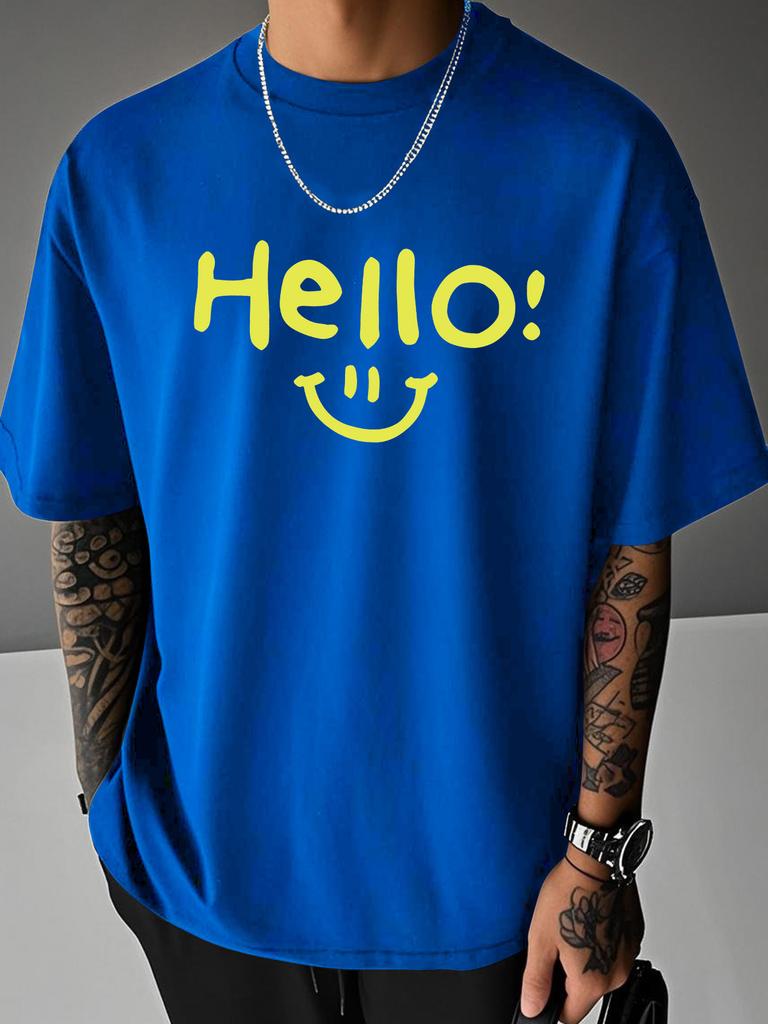 Unisex Beige Crew Neck Short Sleeve Tee Hello Smile Yellow Letter Print Loose Casual Daily Male Street Summer Fashion Tops