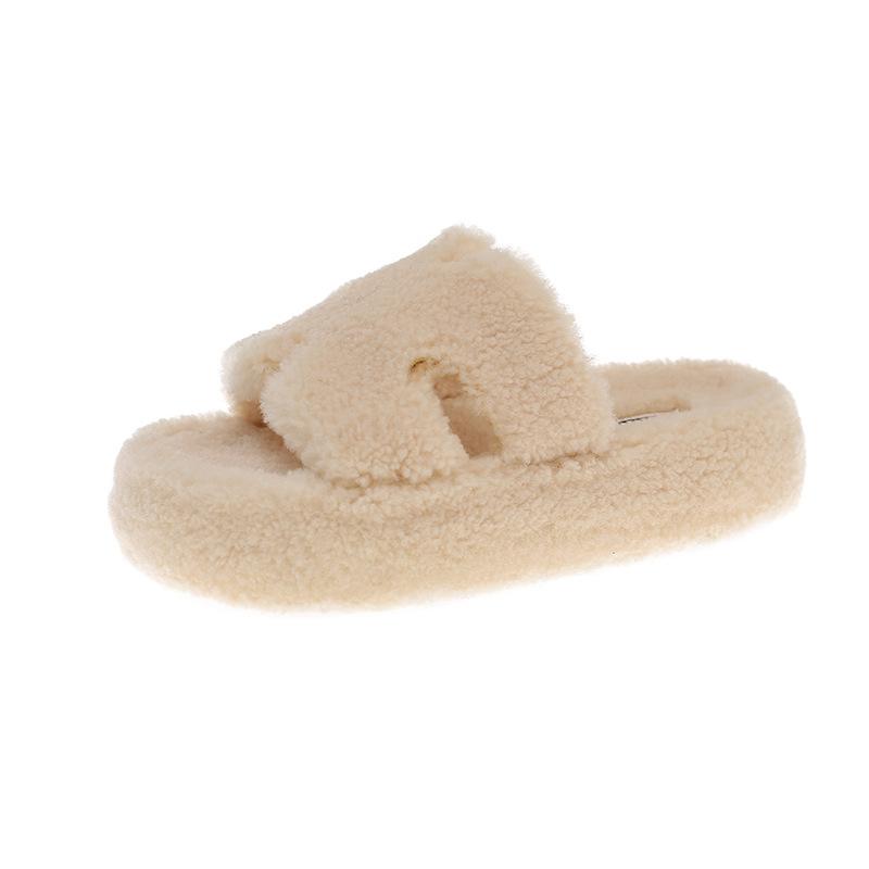 Premium Sense H Soft Bottom Fluffy Slippers Women's Outer Wear 2025 New Autumn and Winter Thick Bottom Wool Roll Home One-word Cotton Mop