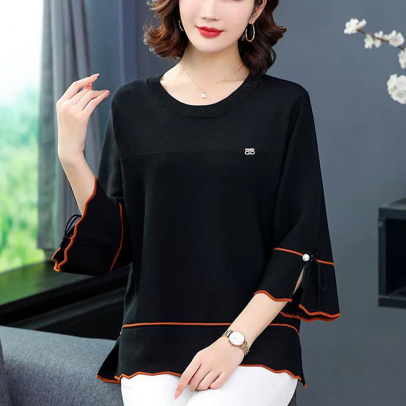 Elegant Chic Hollow Beaded Bow Three Quarter Sleeve Knitwears Women Simple Casual Loose Solid Pullover Knit Top Clothing