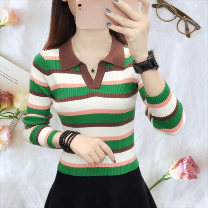 Polo-Kragen Pullover Unterziehpullover Damen Neu Herbst Gestreift Hochtailliert Langärmeliges Oberteil