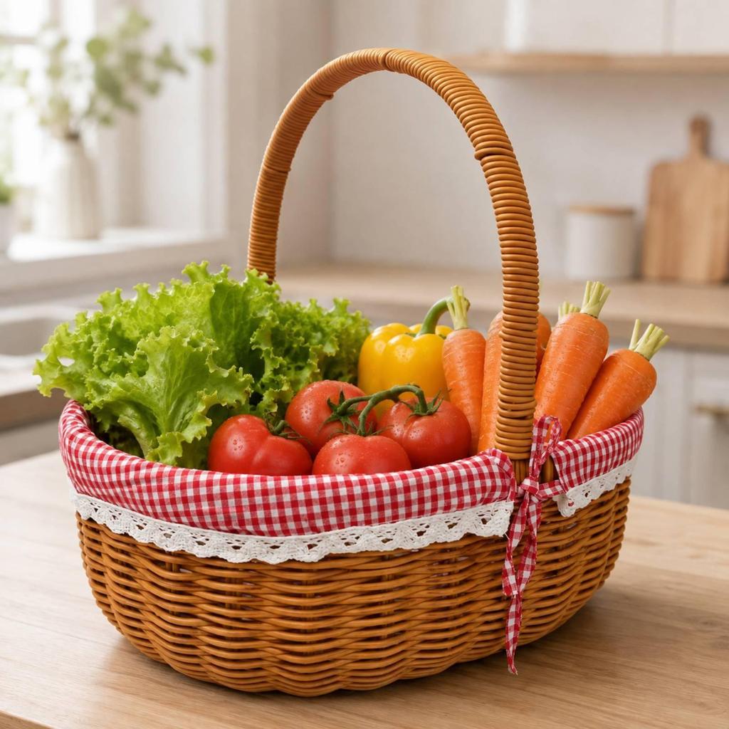 Imitation Rattan Produce Basket Handwoven Look Oval Portable for Kitchen Storage,