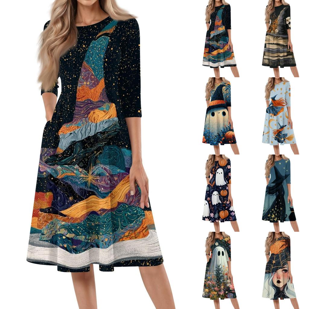 Women Halloween Printed Casual Crew Neck Three Quarter Sleeve Mid Length Dress with Pattern for Holiday Party