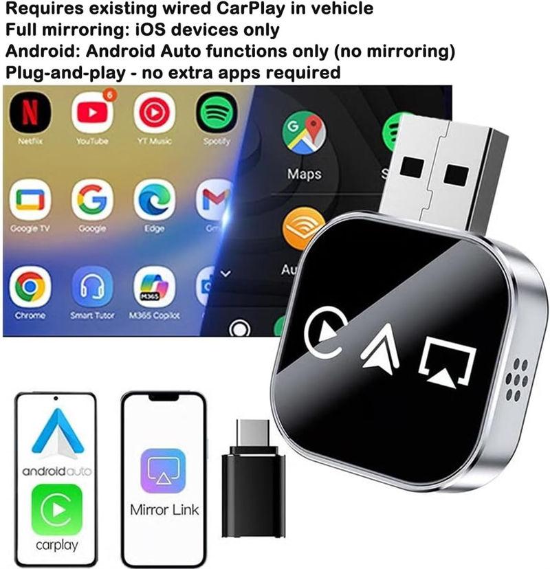 Mini Screen Mirroring Adapter for iPhone Upgraded Wireless 3-in-1 Carplay Auto Airplay Cars Accessories GZW
