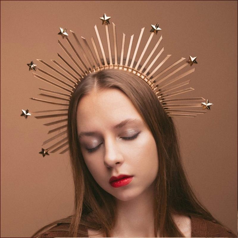 Round Five-pointed Star Head Buckle Hairband Funny Exaggerated Gold Crowns Halloween Witch Dress Hair Accessories