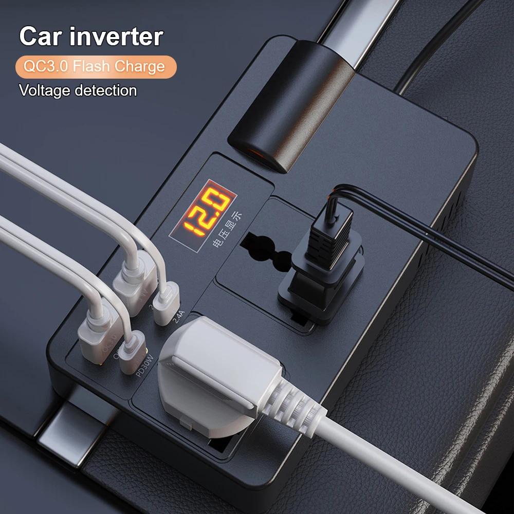 Car Inverter Power Adapter 200W DC 12V/24V to AC 220V Converter QC 3.0 USB/PD/Type-C Chargers Voltage Detection ON/OFF Switch