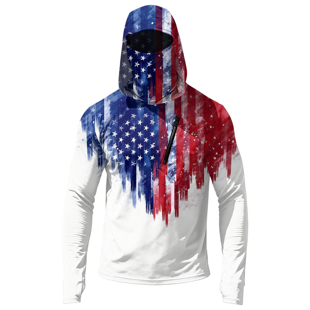 Men's Long Sleeve Hooded Sweatshirt with Flag Print Lightweight Pullover Casual Hooded Top with Front Zipper Pocket