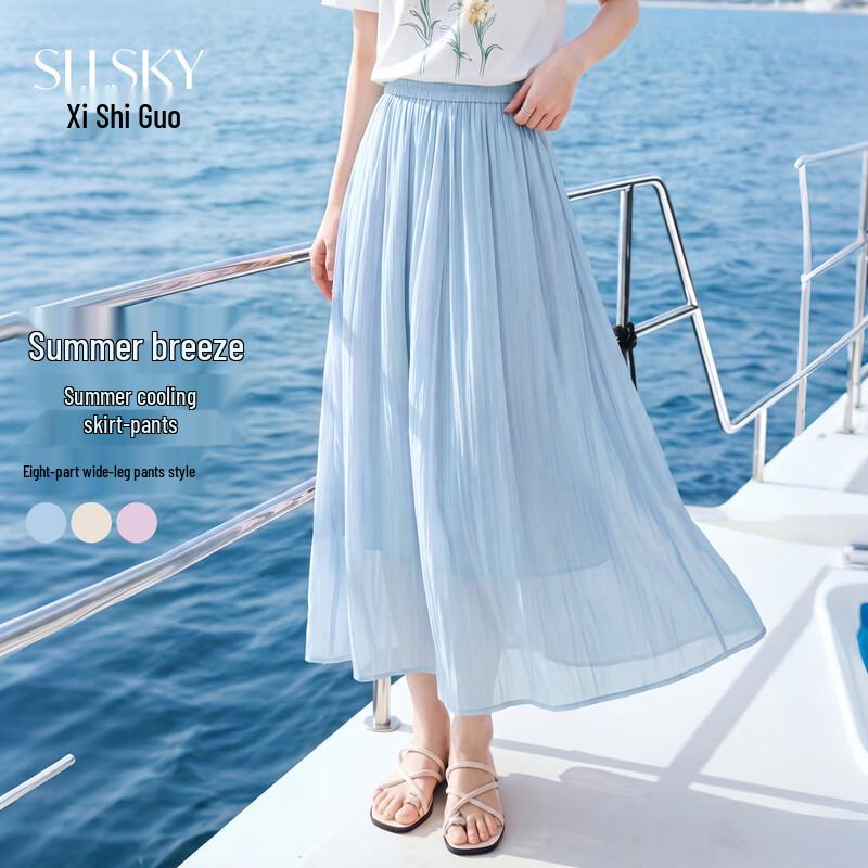Women s Flowy Chiffon Wide-Leg Cropped Skirt Pants L
