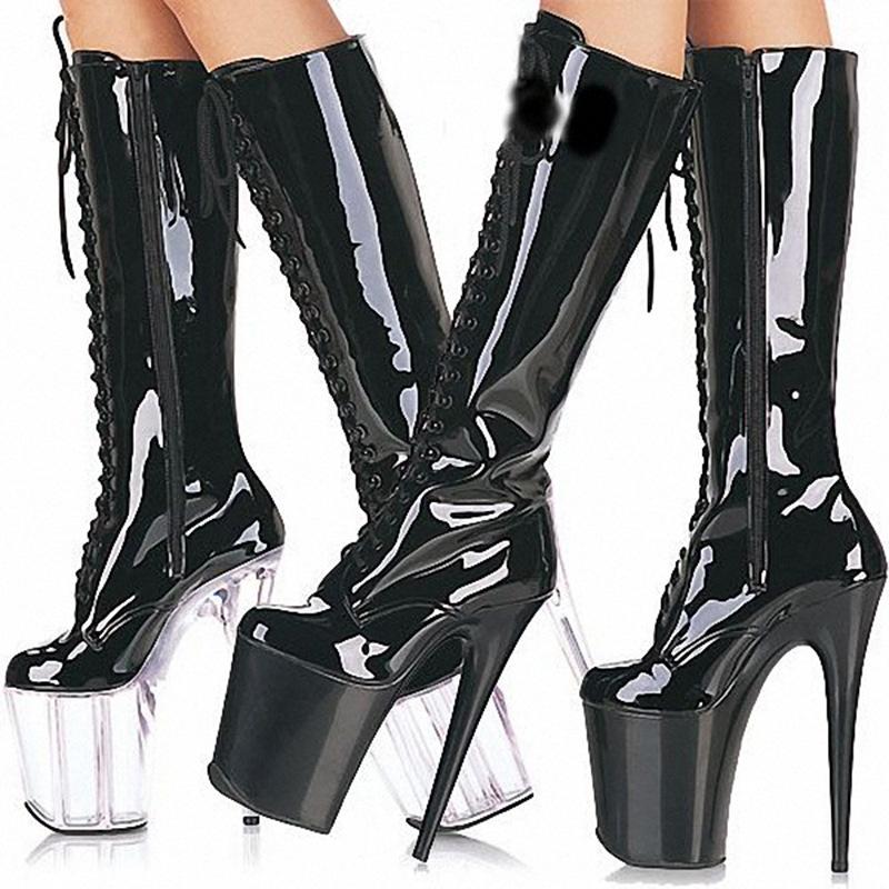 20cm High Heel Front Lace Up Tube Boots Patent Leather High Heel Boots Pole Dance Shoes Nightclub Shoes