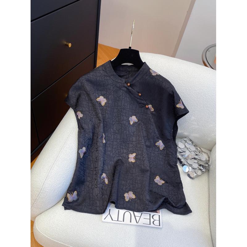 Elegant European Retro Butterfly Sleeve Shirt with Stand Collar for Summer 2025 XL