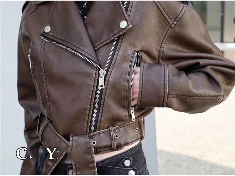 Women's Retro Hong Kong Style PU Leather Motorcycle Jacket - Short, Trendy Spring/Autumn 2023 Edition
