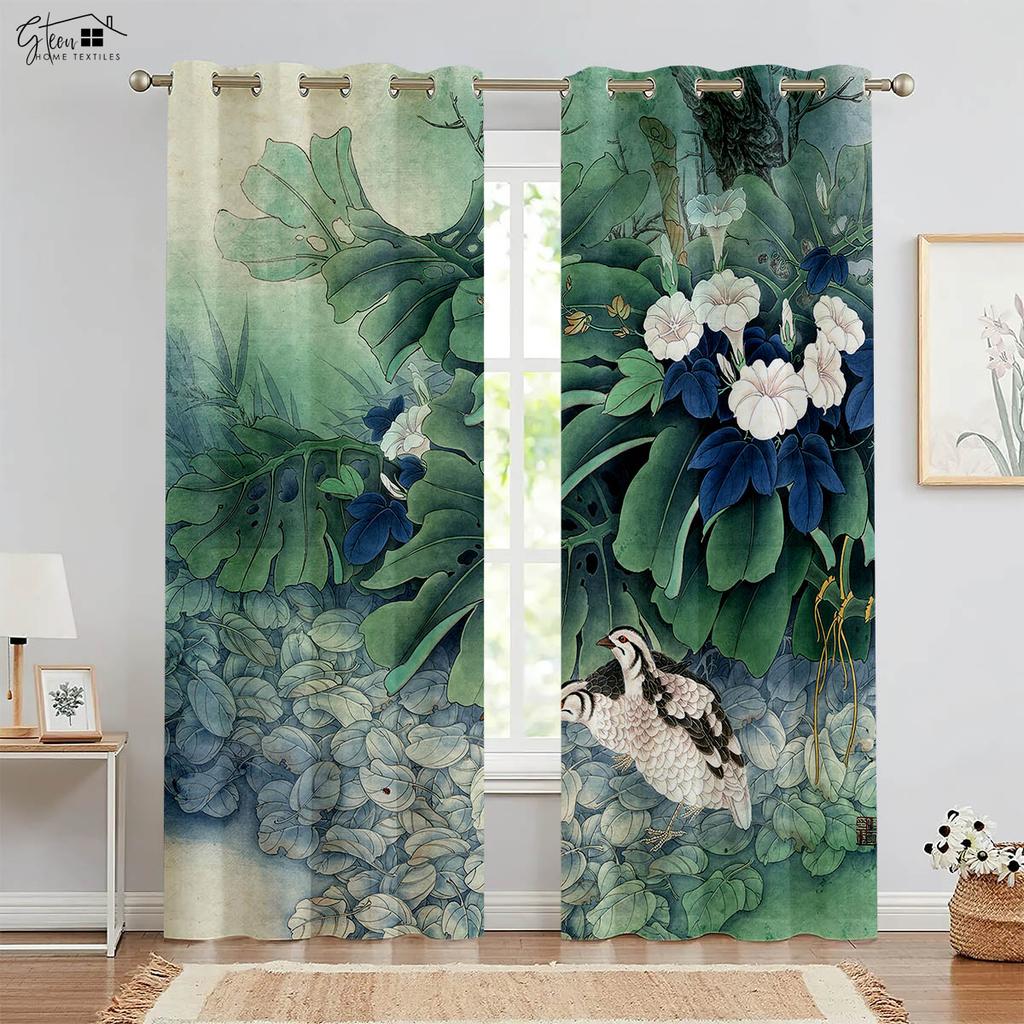 Beautiful Flower 3D Printed Drapes Chinese Style Ink Peony Rose Bed Room Family Room Study Rod Pocket Design Decorative Curtains