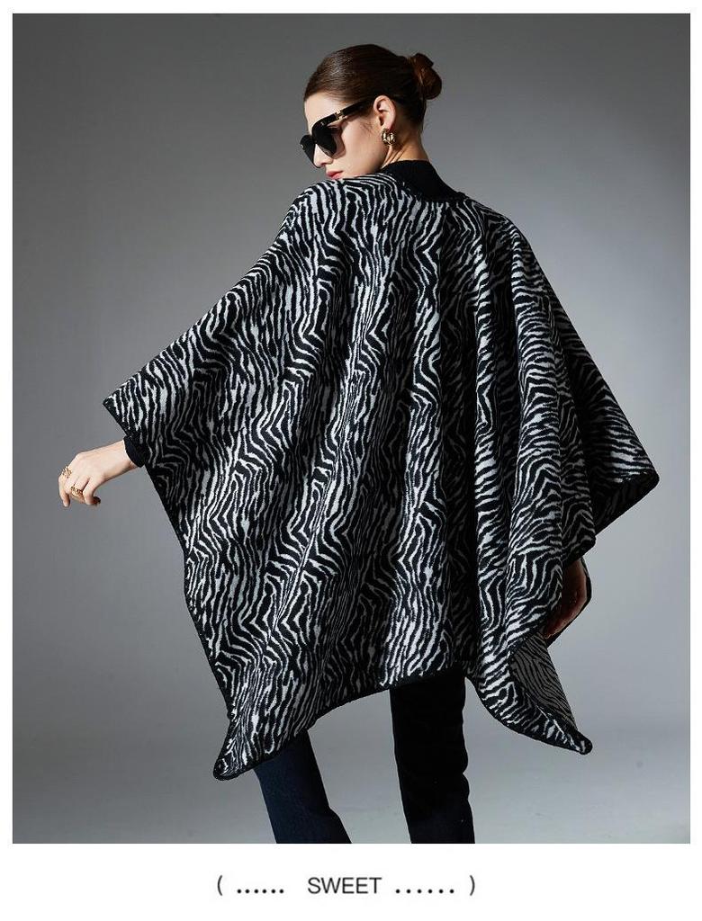 Plus Size Zebra Print Shawl: European/American Autumn/Winter Women's Mid-Length Jacket