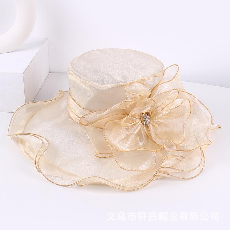 Mesh visor women's summer new solid color flower sunscreen sun hat European and American elegant crimped top hat beach hat