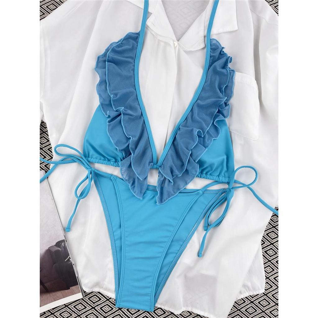 3 farben Rüschen Tiefem V Halter Bikini Frauen Bademode Weiblichen Badeanzug Zwei-stück Bikini set Badende Badeanzug schwimmen Dame