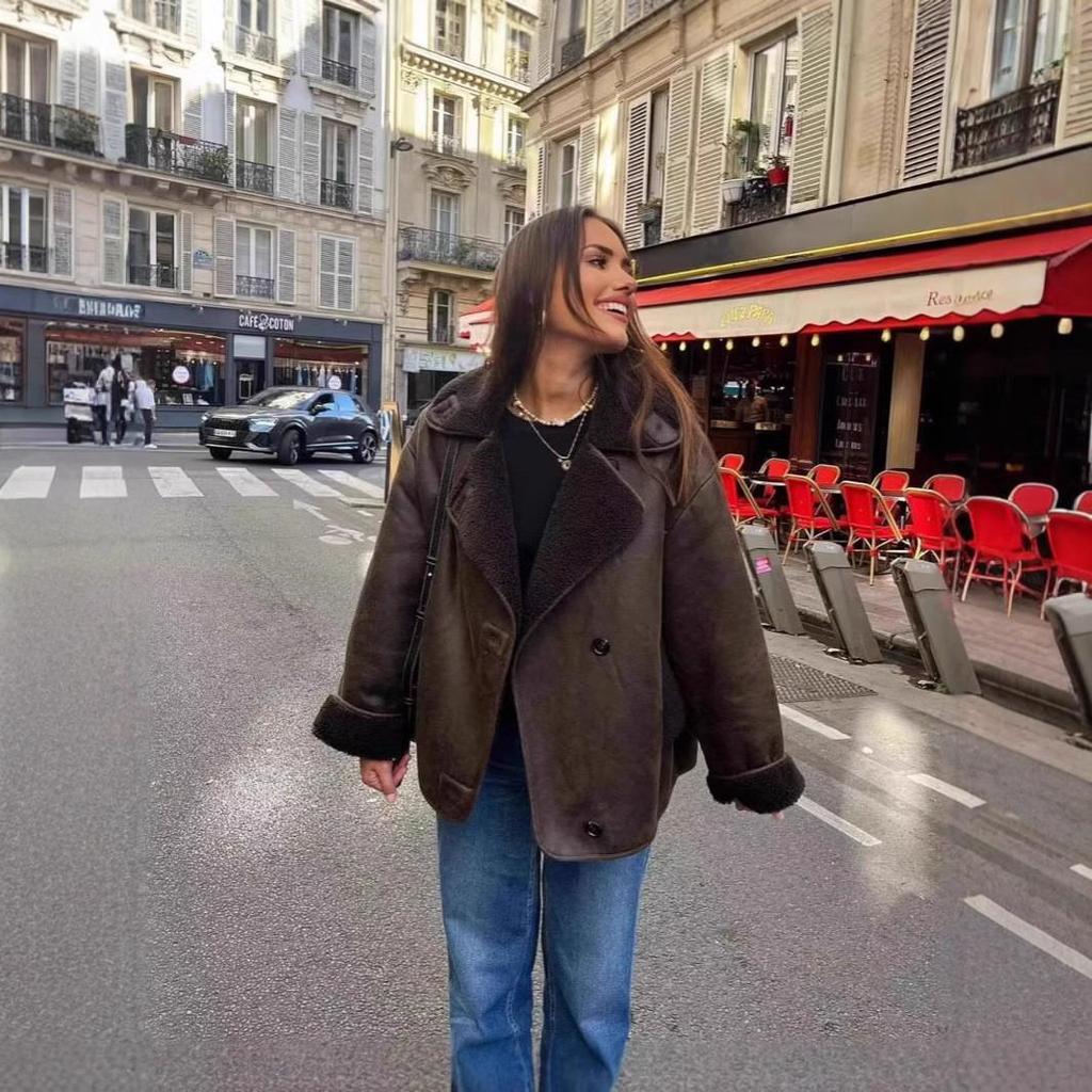 Women's European and American Autumn/Winter Loose Fur-Lined Warm Jacket with Lapel - Trendy Fashion Coat