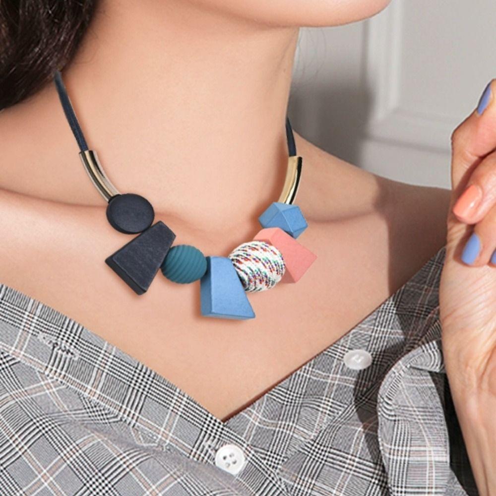 Beads Simple Geometric Necklace Colorful Ethnic Style Necklace Personality Wood Necklace  Daily