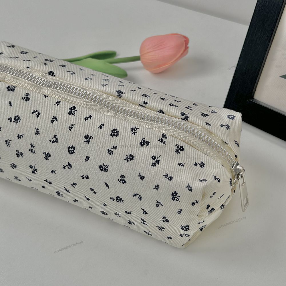 INS Floral Print Pen Bag Simple Cute Pencil Case Large Capacity Multifunctional Canvas Pen Box Desktop Stationery Organizer