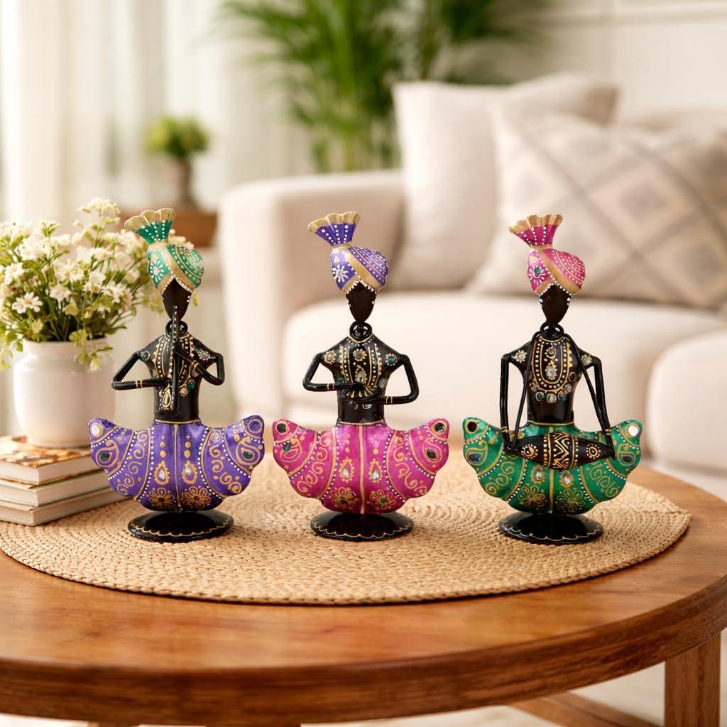 Handmade Metal Iron Sitting Musician Set of 3 Playing Musical Instrument Idol Handpainted Figurine Showpiece for Home Decor