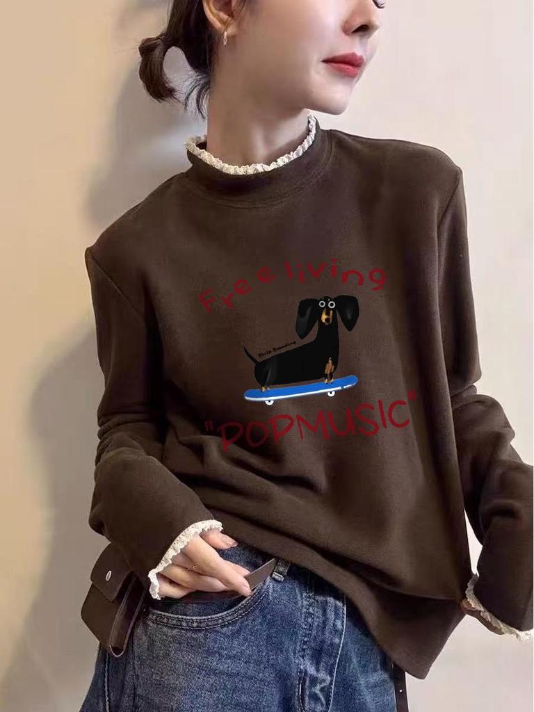 Women's Trendy Lace Collar Puppy Print Velvet Thick Long Sleeve T-Shirt for Autumn/Winter