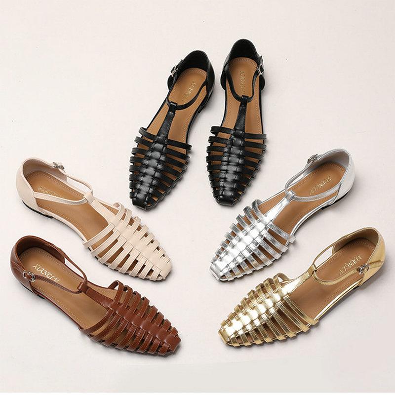 Fashion Sandals Women Summer 2025 New Retro Woven Toe Caps Women's Flat Bottomed Hollow Roman Shoes Big Size 42 43 44 Ladies Shoes