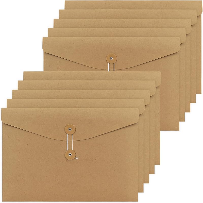 NatureTouch 10PCS A4 Envelopes Kraft Paper Folders,Kraft Paper File Folders Project Pockets Document Wallet Bag with String,Letter Size, Kraft File Horizontal