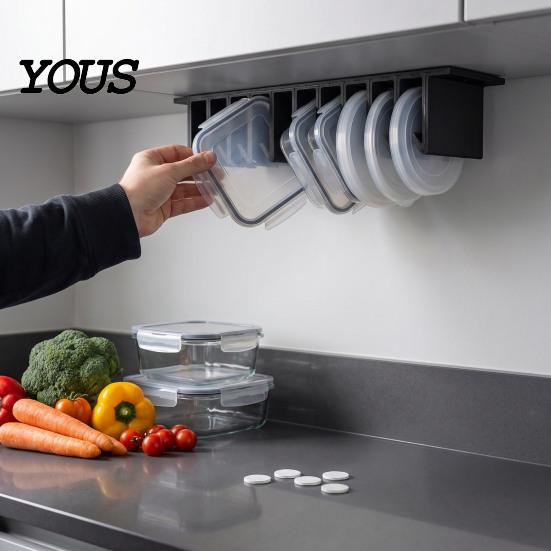 Adhesive Pot Lid Holder Loft Organizer for Cabinet, Self 10 Slots Plastic Food Container Storage Rack, Wall Mounted Space Saving Box Lids Kitchen