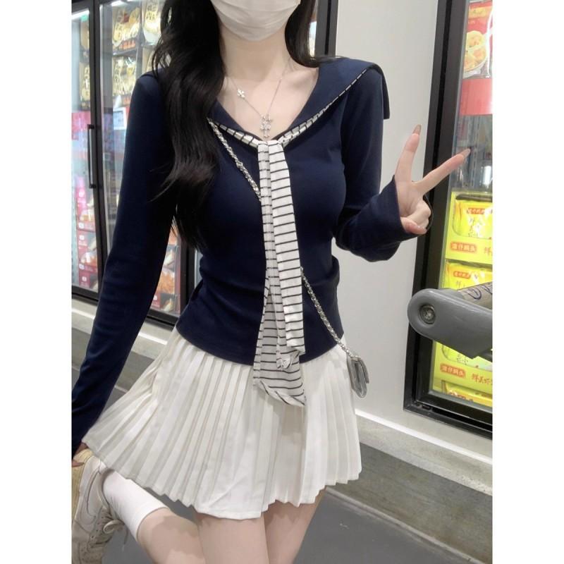 Contrasting Color Korean College Style Striped Tie Long-sleeved T-shirt Women's Early Slim Figure Slimming Chic Top