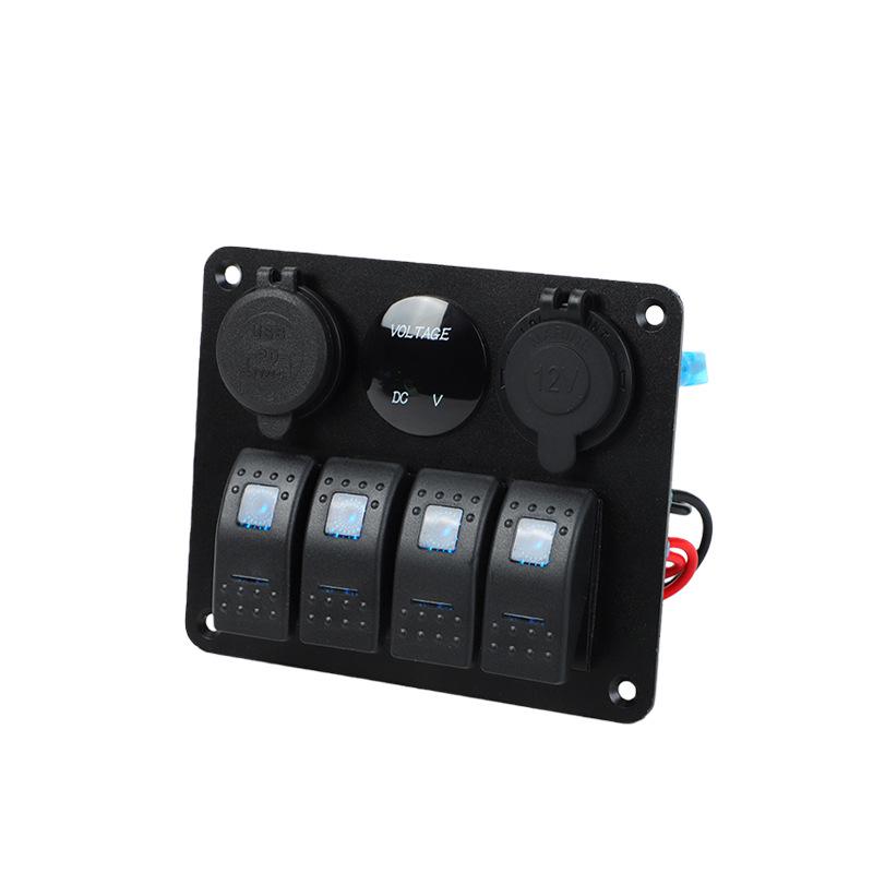 Four-Position Boat Panel with Voltmeter, USB Charger, Cigarette Lighter, LED Display, and Rocker Switch.