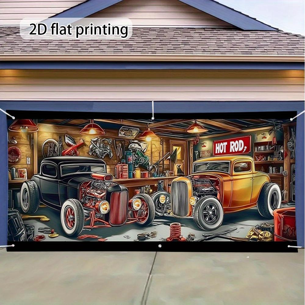 2D Flat Banner 1 Piece 1 Large Garage bannerRetro Car Workshop Decoration Strip with Classic Hot Rod Cars XY