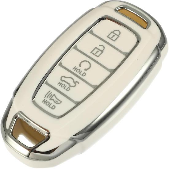 Key Fob Cover Compatible for Hyundai Elantra, 5 Buttons Silver Tone Edge Fashion Soft TPU White Remote Keyless Smart Key Fob Case Protection Shell