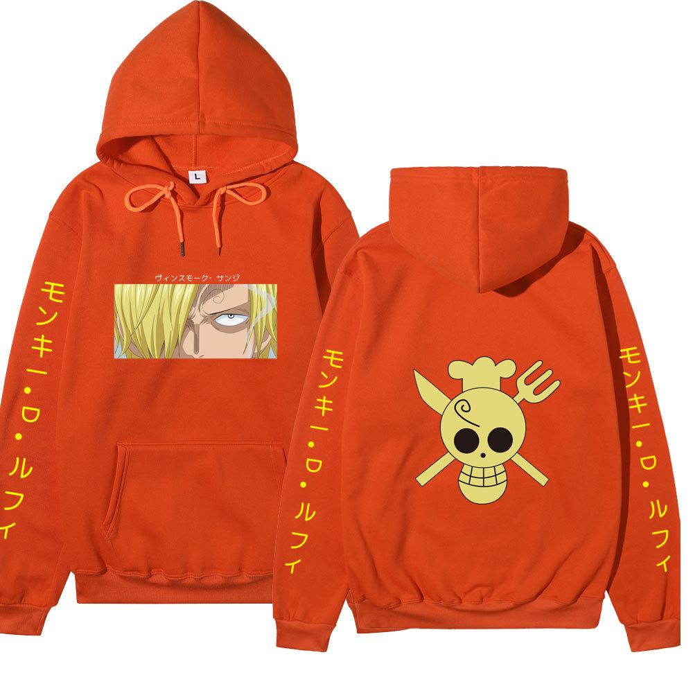 One Piece Sanji Hoodie, Chef Pirate Skull Logo Japanese Letter Sleeve Print Pullover Sweatshirt Unisex Streetwear