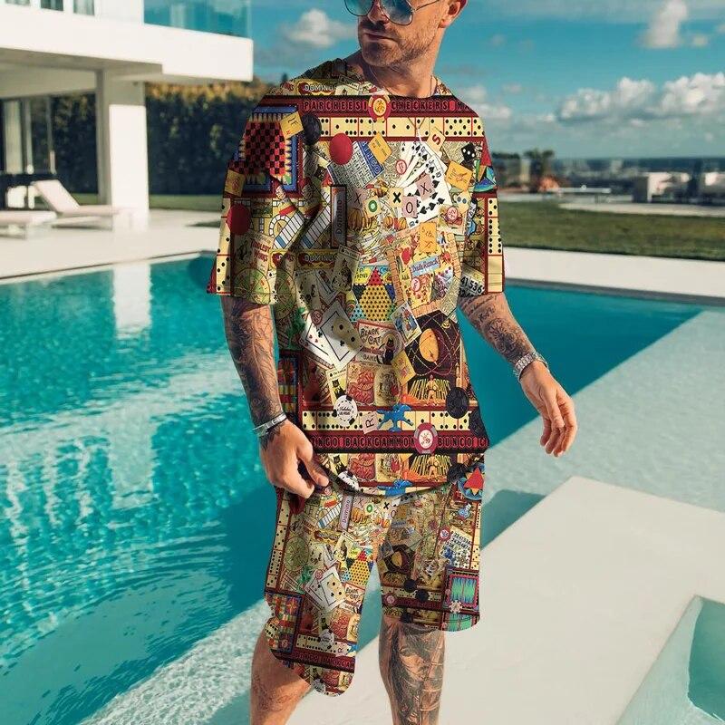 Personality Harajuku 3D Men's T-shirt Sets Casual Streetwear Oversized T-Shirt Shorts 2 Piece Set Summer Tracksuit Man Clothing