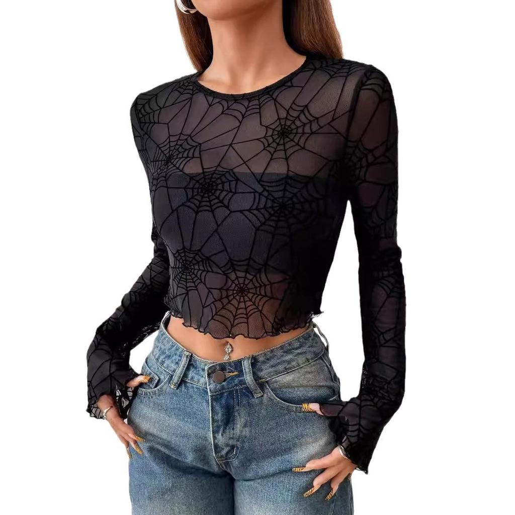 Spring Women's Elegant Black Sheer Wooden Ear Trim Spider Web T-Shirt