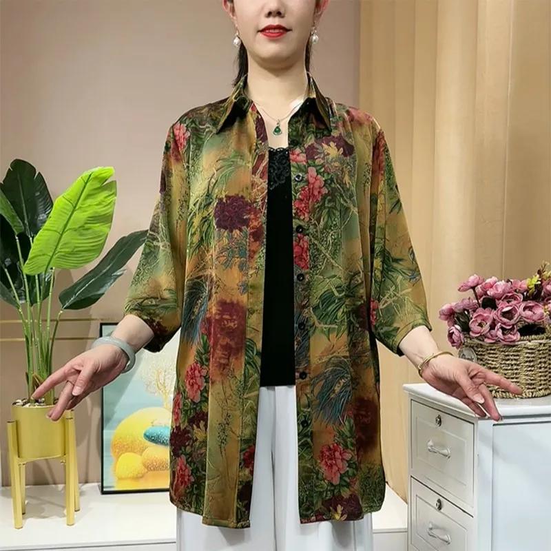 Women's Plus Size Shirt Loose Retro Printed Mid-Length Shirt Spring Summer