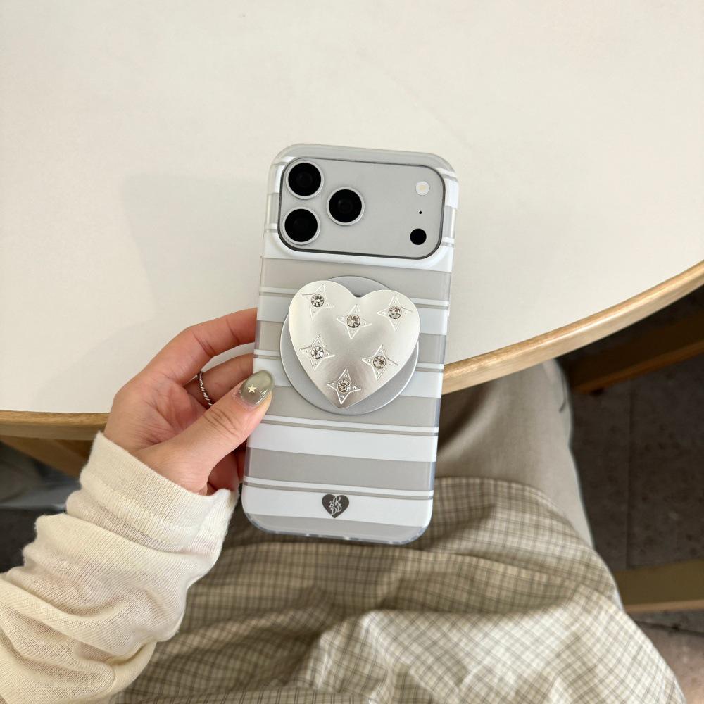 Korean Style Silver Diamond Heart Magnetic Case for iPhone 15/14 Pro Max with White Stripes
